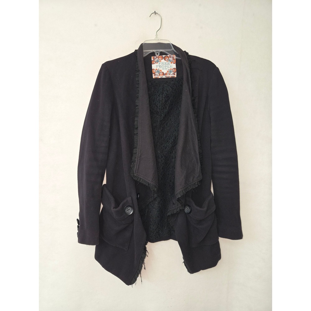 Free People Knit Blazer Womens Medium Black Lace Trim Shawl Collar Jacket Goth - Picture 11 of 12